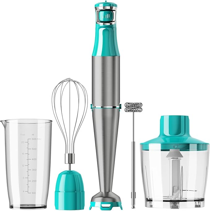 Immersion Blender Handheld Corded Hand Blenders Set 1100W, Trigger Variable Speed 5 in 1 Stick Emulsifier with Chopper, Whisk and Frother for Soup, Baby Food and Smoothies, Cyan Blue