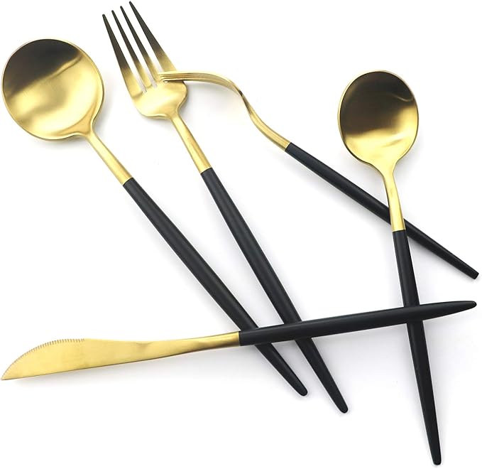 Gugrida 20-Piece Matte Gold & Black Handle 18/10 Stainless Steel Flatware Set, Titanium Cutlery for Home & Restaurant, Dishwasher Safe