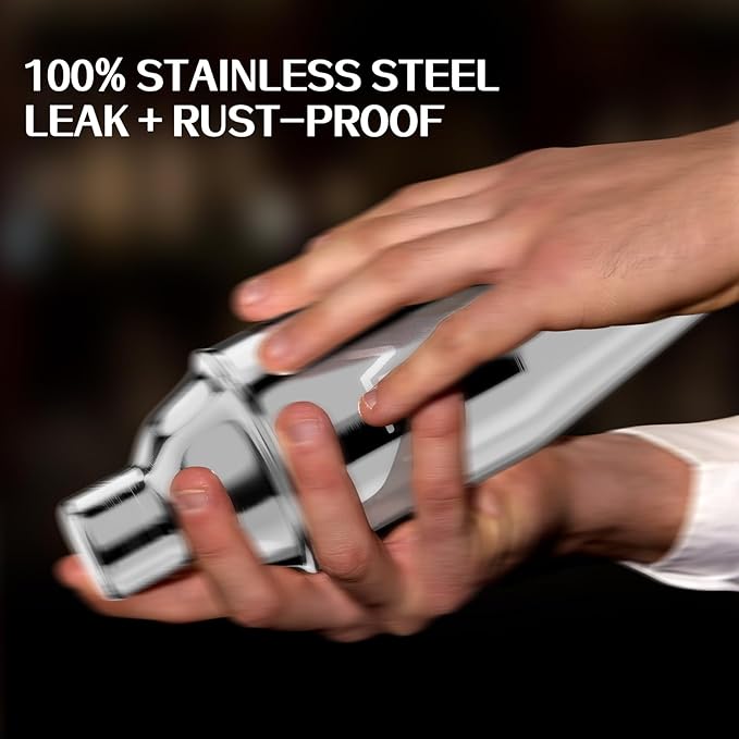 IOV Cocktail Shaker Bar Set, 24oz Martini Shaker with Built-in Strainer, Bar Tool Kit with Recipes Booklet, Professional Stainless Steel Large Bartender Drink Shaker Margarita Alcohol Mixer- Silver