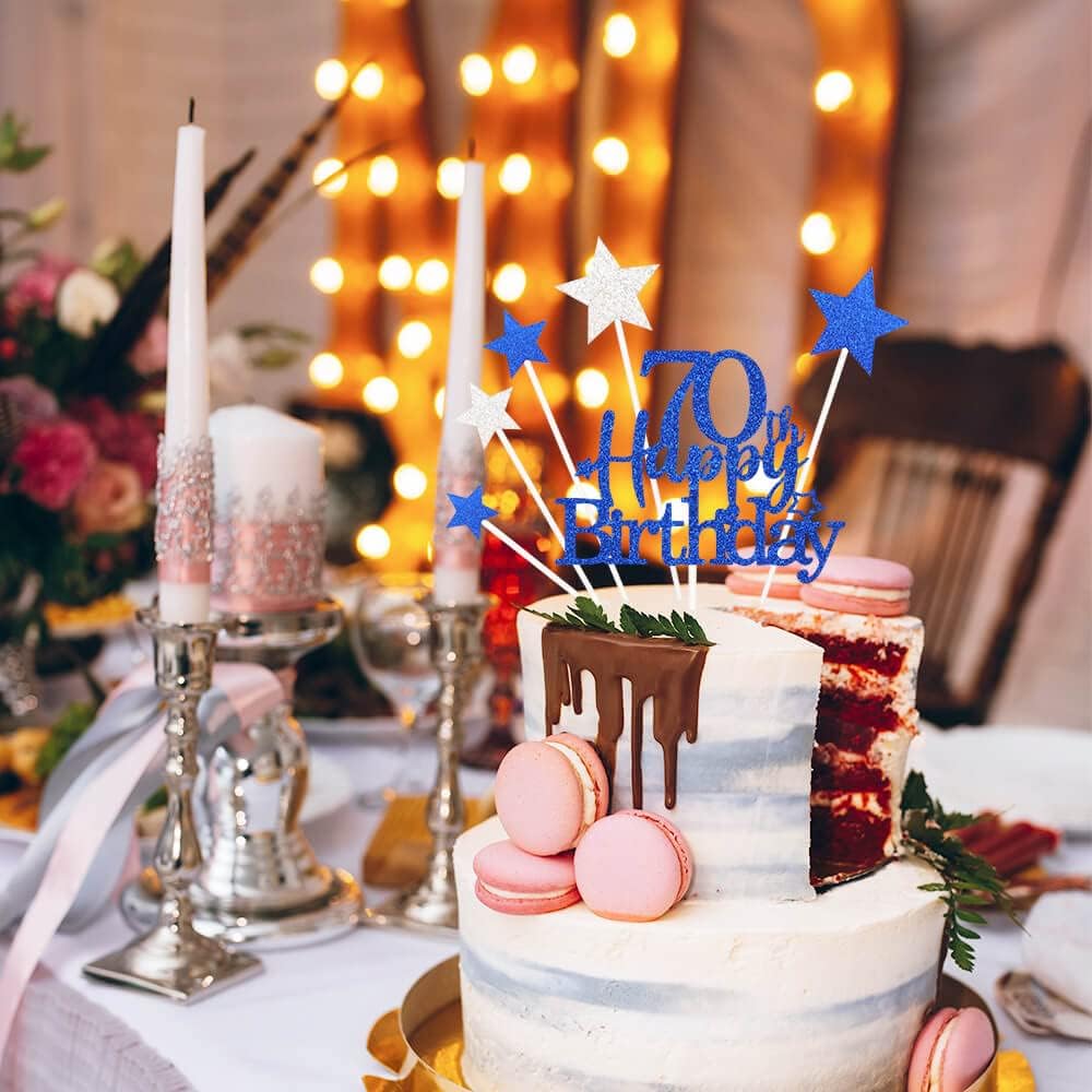 Glittery 70th Happy Birthday Cake Topper with Star,Personalised 70 Birthday Cake Toppers Party Decorations Party Supplies for Men Women Blue
