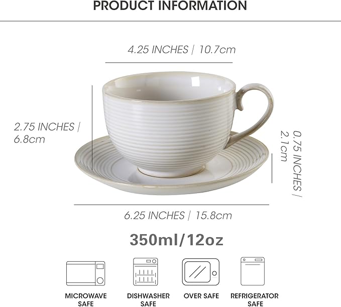 12Oz Coffee Cups with Saucers Set of 4 - Ceramic Espresso Cappuccino Cups Set, Tea Mugs and Saucer, Microwave Dishwasher Safe Drinkware for Home, Cafe