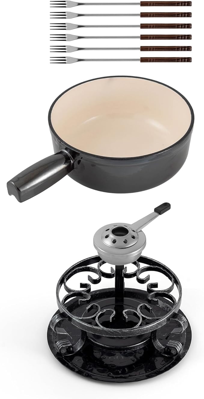 Swissmar Lugano Cast Iron Cheese Fondue Set, 9-Piece, 2 QT / 2 L - Ideal for Melting Cheese, Chocolates, Caramel, & More - Perfect for Kitchen Collection & Gift Giving - Metallic Black