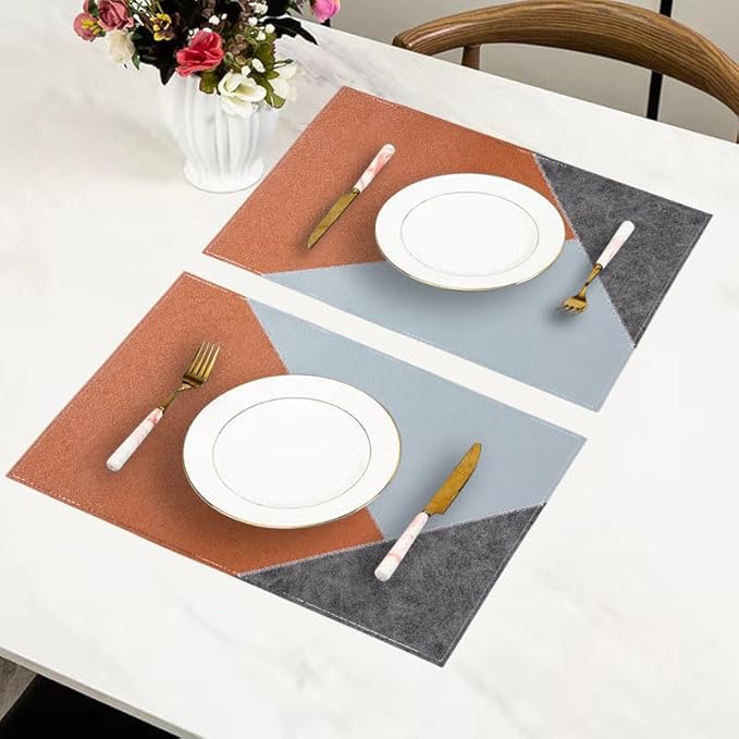 Faux Leather Placemats Set of 6 Waterproof,Reversible Geometric Pattern PU Placemat for Dining Table,Heat Resistant Wipeable Anti Slip Washable Table Mats,Modern Table Protectors