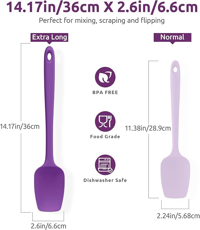 U-Taste Extra-Long 600ºF Heat Resistant Spatula Spoon: 14" Silicone Spoonula Cooking Utensils for Kitchen Use, Non-Stick Scoop Scraper with Soft Edge & Firm Core for Baking, Mixing, Serving (Purple)