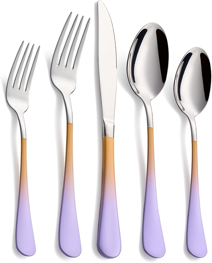 20-Piece Purple&Orange Silverware Set,18/0 Stainless Steel Colorful Handle Flatware Set, Service for 4, Modern Cutlery Set Includes Dinner Knives Forks Spoons, Mirror Polished,Dishwasher Safe