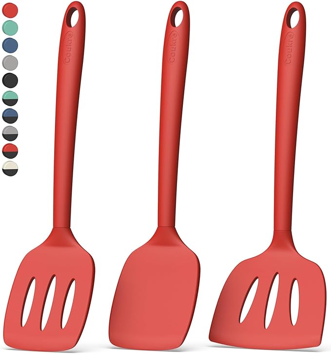 Coukre 3 Pack Silicone Spatula Set, High Heat Resistant, BPA-Free, Fish Spatula, Solid & Slotted Turner for Non-Stick Pans, Flipping Eggs, Pancakes, Fish, Burgers (3, PureRed)