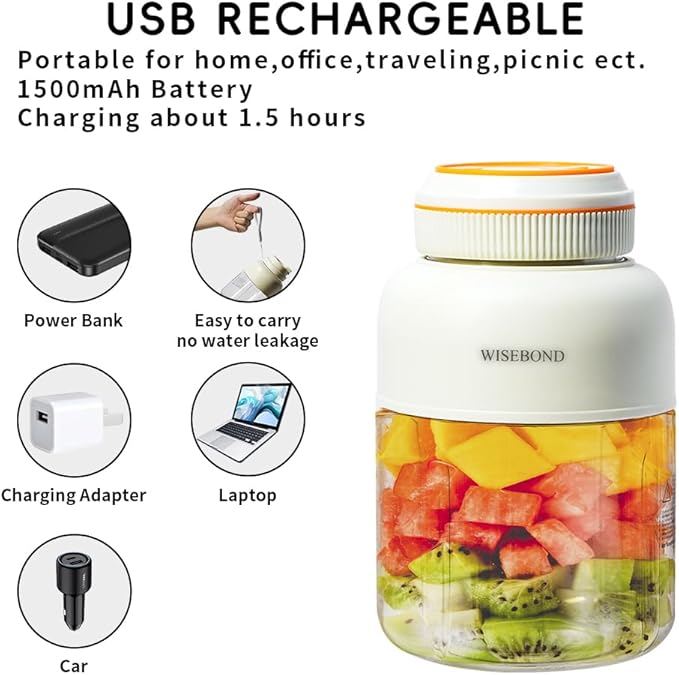 WISEBOND Portable Smoothie Blender for Shakes & Smoothies 43oz 1300ML large Capacity Cordless Juicer Cup Sharp Blades Powerful Blending Juice Vegetable Crush Small Ice for Kitchen Gym Outdoor