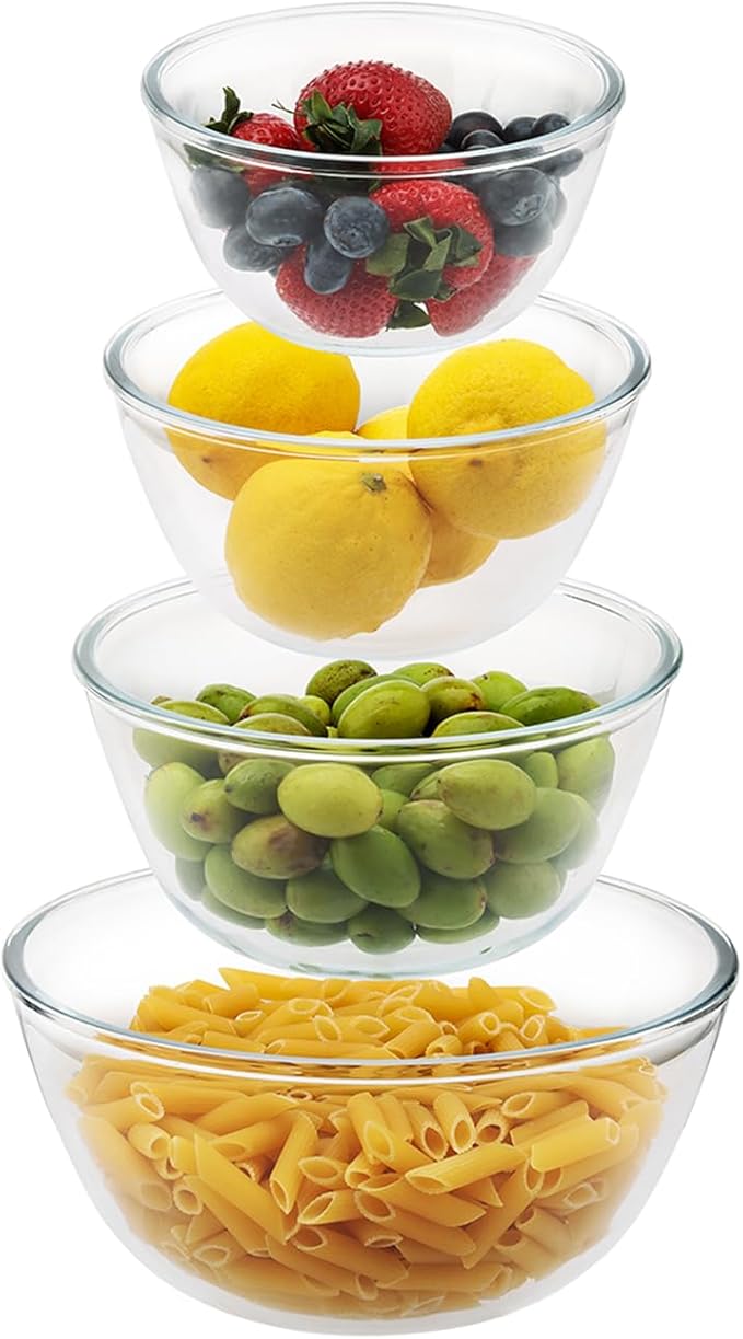 4pc Glass Mixing Bowls Sets (2.80QT, 1.64QT, 1.16QT, 0.85QT), Nesting Mixing Bowls for Cooking Prep, Baking, Storage, Large Salad Bowls Sets-Dishwasher Microwave Freezer Safe