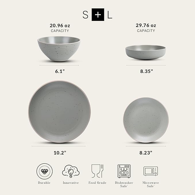 Stone Lain Lauren Stoneware, Rustic Plates and Bowls Set, Dinnerware, Service for 8, Speckled Green, Dishwasher & Microwave Safe, 32-Piece