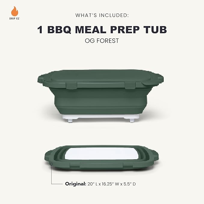 Drip EZ Collapsible BBQ Prep Tub - For Meal Prep Marinating Food Storage - Includes Cutting Board & Locking Lid - (1) OG - Green