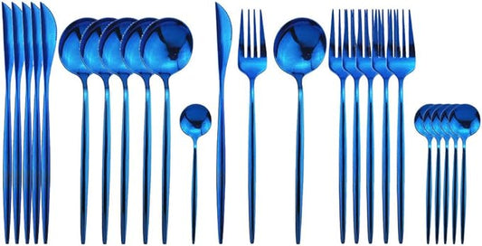JASHII 24 Pieces Cutlery Flatware Set 304 Stainless Steel Home Kitchen Set, Mirror Polished, Knife/Fork/Spoon, Modern Elegant Tableware Set for Party, Christmas, Dinner (Blue)