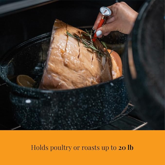 Granite Ware 19 inch oval roaster with Lid, Oval Rack included (Speckled Black) - design to accommodate up to 20 lb poultry/roast. Resists up to 932°F