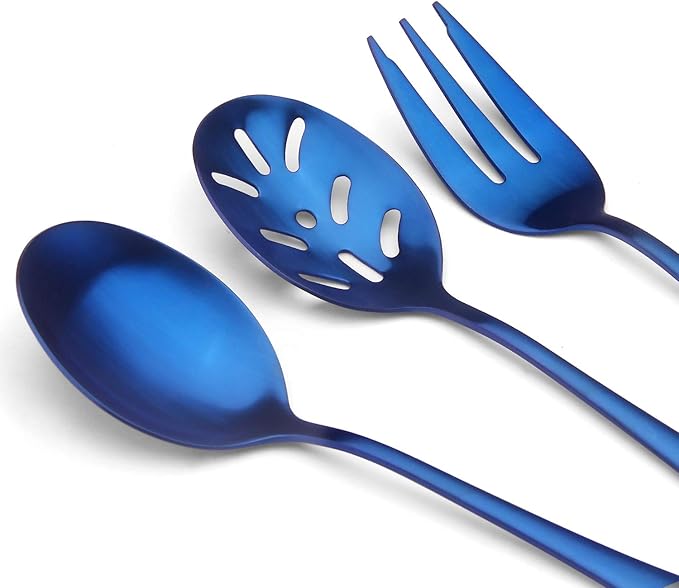 Matte Blue Serving Set, SHARECOOK 5-Piece 18/0 Stainless Steel Large Hostess Set with Round Edge, Satin Finished, Dishwasher Safe -Spoons, Forks,Butter Knife& Slotted Spoon