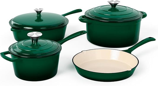 MAISON ARTS Enamel Cast Iron 7 Piece Cookware Set, Dutch Oven Pot with Lid, Emerald Non Stick Pots and Pans set, Oven Safe up to 500°F