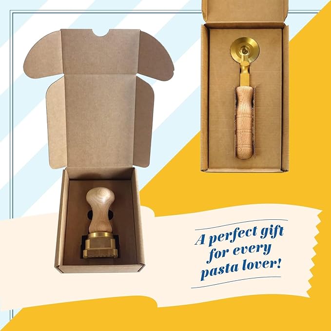 La Gondola Homemade Pasta Cutter - Double Wheel (Festooned & Smooth) | Pasta Making Tool for Home and Business | Brass & Natural Wood | Easy to Use Pasta Cutting Tool | Ravioli Cutter Made in Italy