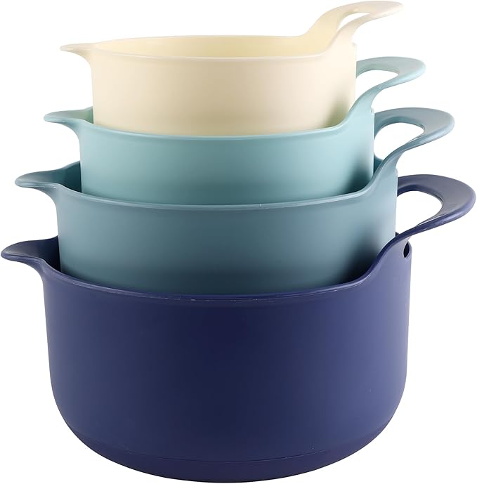 COOK WITH COLOR Nesting Plastic Mixing Bowl Set with Pour Spouts and Handles, Ombre Blue, 4 Piece Non-Slip