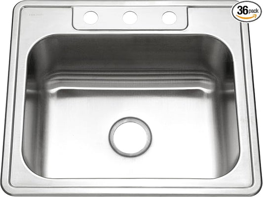 Houzer Glowtone Stainless Steel Kitchen Sink - 25 Inch Drop-In Topmount 3-Hole Single Bowl Sink, Durable & Versatile, Essential for Home & Apartment, Nested 36-Pack - 2522-8BS3-36