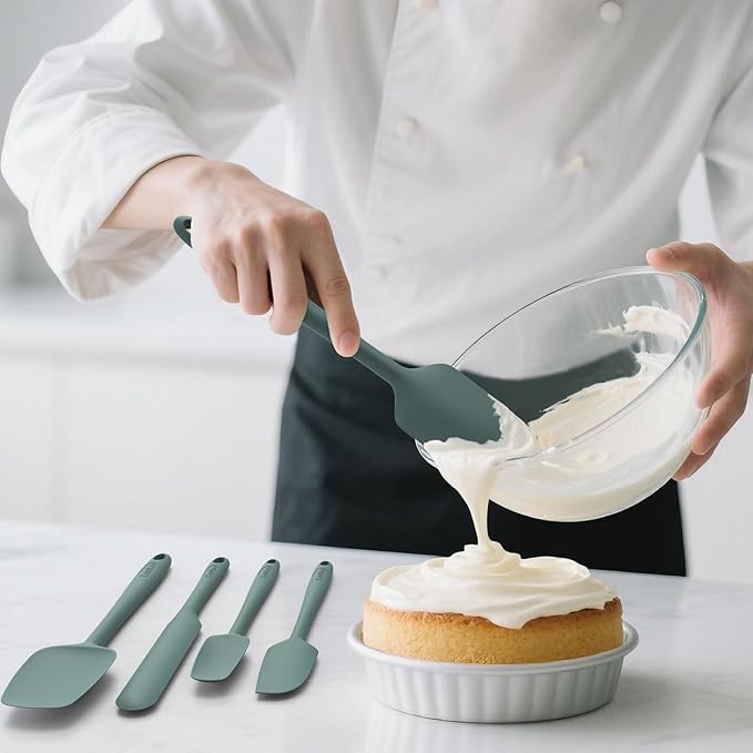 Coukre Silicone Spatula Set of 5,High Heat Resistant, Food Grade Silicone, Upgraded Extended Reinforced Handle,Dishwasher Safe, for Baking, Cooking (Pure Dark Green, Solid color)