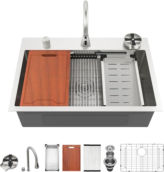 Lordear 33 Watefall Kitchen Sink 33x22 Drop In Kitchen Sink Stainless Steel 16 Gauge Single Bowl Multifunctional Workstation Sinks with Built-in Accessories,Split Faucet Style