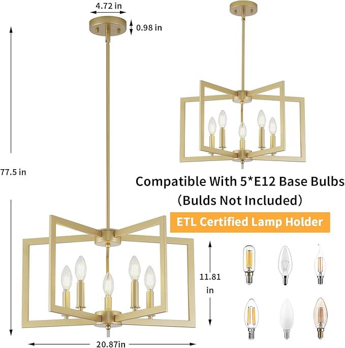 Gold Chandelier, 5-Light Dining Room Light Fixture Modern Metal Chandelier Pendant Lighting for Farmhouse Kitchen Living Room Entryway (Gold, E12 Bulbs Not Included)