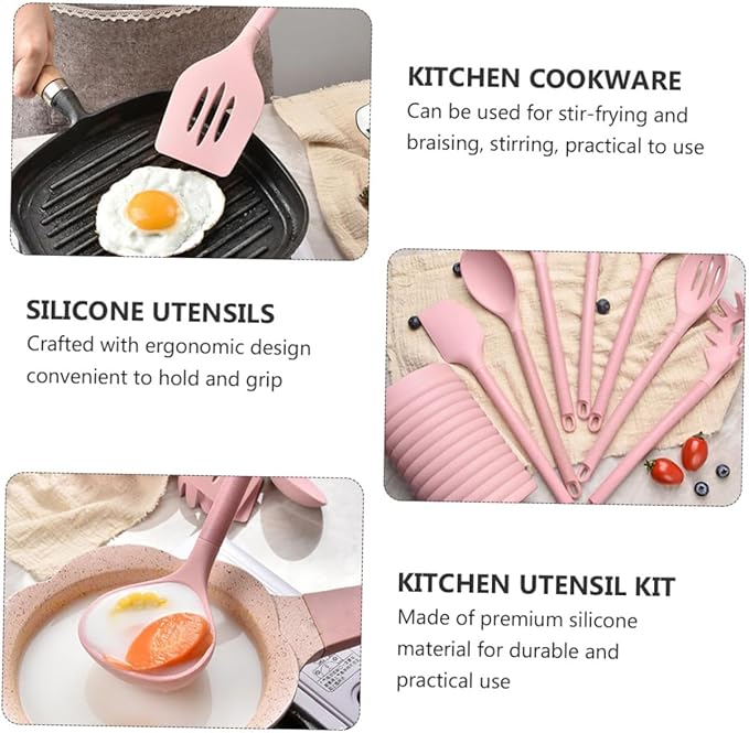 Silicone Kitchenware with Wooden Handles Cooking Utensil Kit Including Spatula and Spoon with Storage Bucket Heat Resistant Non-stick Silicone Tools for Home and Restaurant Cooking