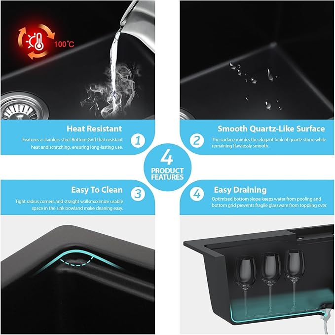 Kichae 33 Kitchen Sink Drop In Waterfall - 33"x22" Black Granite Quartz Composite Smart Single Bowl Waterfall Workstation with Pull Down Faucet Combo