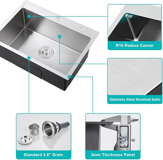 Brushed 25 Inch Drop in Kitchen Sink, 18 Gauge Stainless Steel Single Bowl Kitchen Sink with 2 Faucet Holes, 9'' Deep Basin Bowl with Grid, D25" x W18" x H9"