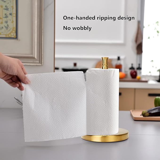 Paper Towel Holder, Stainless Steel Heavy Base (2LBS in Weight, and 6.7inch in Diameter), Gold Brushed Finish, Paper Towel Holder Countertop, Ripping Paper Towel Off One-Handed, No Wobbly