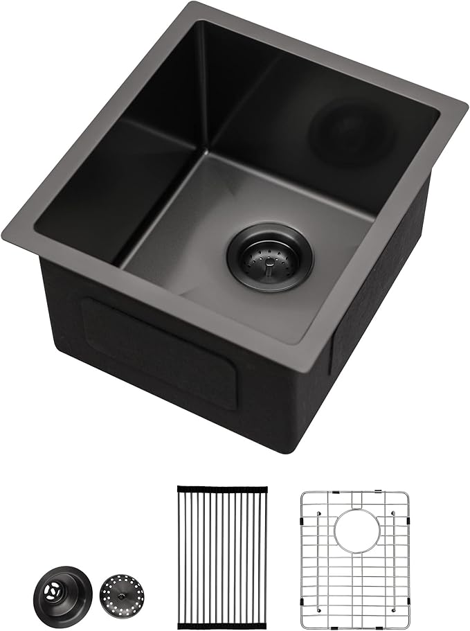 Lordear Black Undermount Bar Sink 13 x15 x 9 Inch Bar Prep Sinks Gunmetal Black Stainless Steel Handmade Kitchen Sink Basin