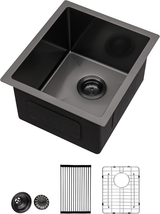 Lordear Black Undermount Bar Sink 13 x15 x 9 Inch Bar Prep Sinks Gunmetal Black Stainless Steel Handmade Kitchen Sink Basin