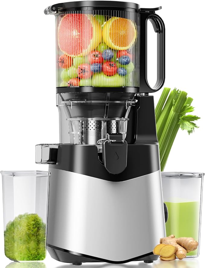 Cold Press Juicer, 5.8" Wide Feed Chute, 400W Slow Masticating Juicer Extractor Supports High Juice Yield, Whole Vegetables & Fruits, Silver Gray