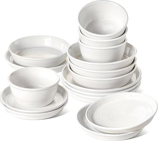 LE TAUCI 16-Piece Ceramic Dinnerware Set with Pasta Bowls (30 oz), Service for 4 – White Farmhouse Plates & Dishes (10" Dinner, 8" Salad, 6" Bowls, 8.5" Pasta) for Housewarming, Wedding Registry Gift