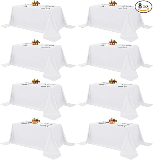 Fitable 8 Pack Rectangle Tablecloths: Stain Resistant Wrinkle Free Fabric Table Clothes, Washable Reusable Polyester Table Covers for Wedding Party Birthday Banquet Reception(White, 90x132 Inch)
