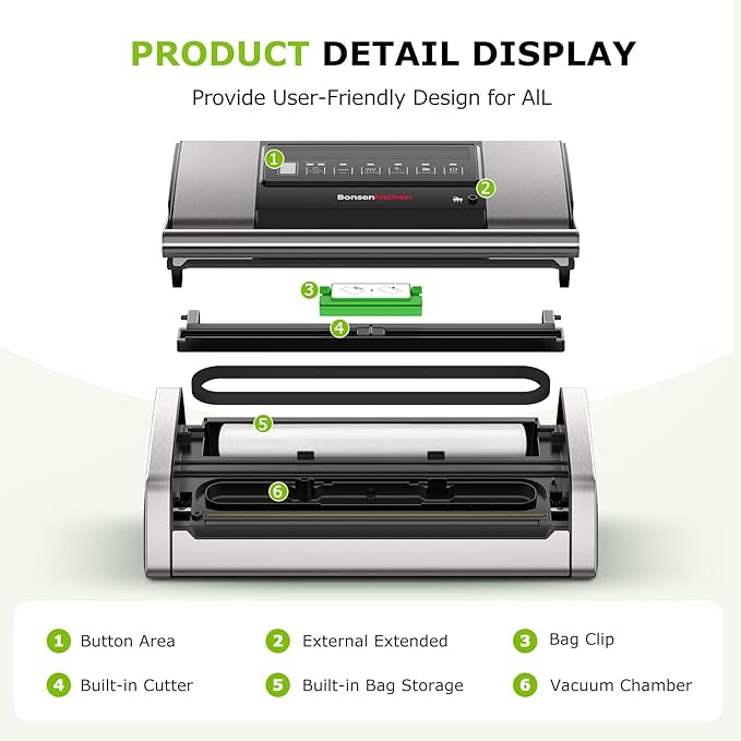 Bonsenkitchen Vacuum Sealer for Food, Easy-Lock Handle Vacuum Sealer Machine with Bag Clip, Built-in Cutter and Bag Storage for Sous Vide and Meal Prep, 1 Roll Bag & 10 Pre-Cut Bags, Silver
