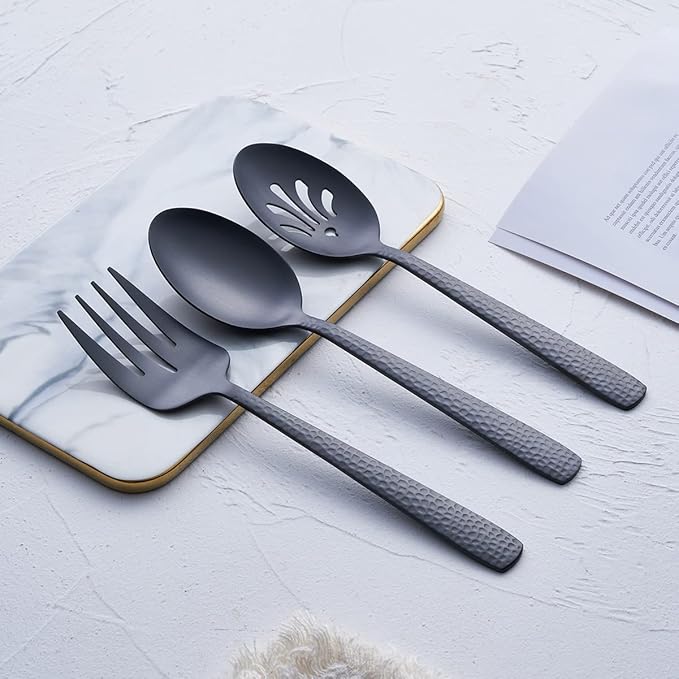 Matte Black Serving Utensil Set, 9.5-inch Stainless Steel Large Serving Spoon and Serving Fork, Satin Finish