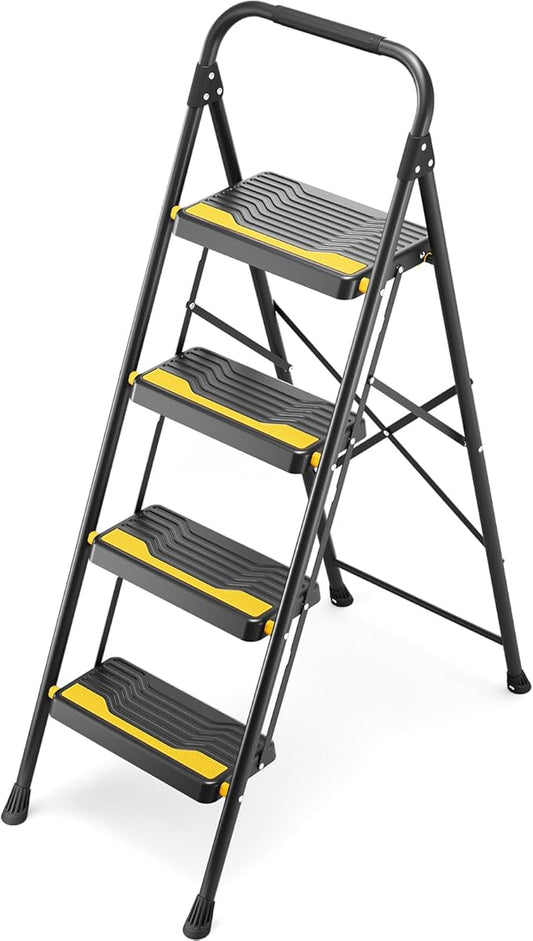 4 Step Ladder, Heavy-Duty Pass 800lb Capacity Test, Wide Anti-Slip Steps & Secure Handrail Compact, Folding Step Stool Portable Design for Home, Kitchen, Office, Pantry, Closet Use, Black