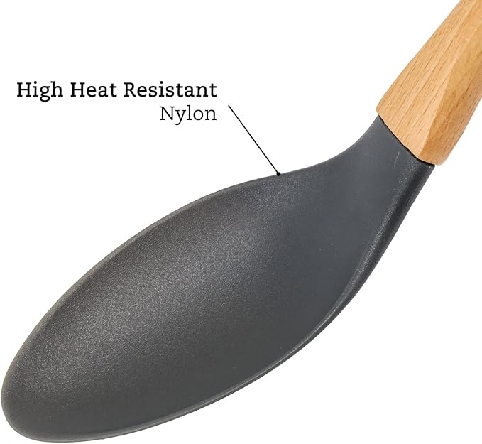 Beille 5pc Dark Grey Nylon Wooden Kitchen Utensils with Cooking Spoons, Soup Ladle, Skimmer Spoon and Spatula, 13 Inch