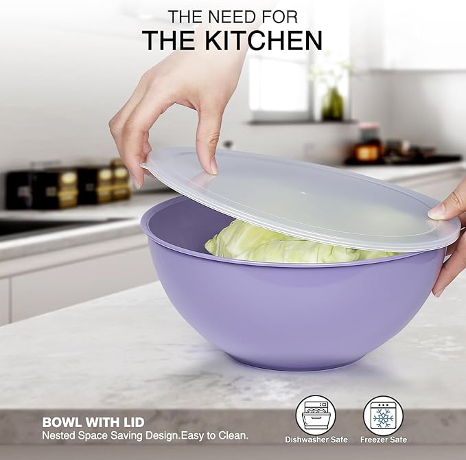 6-Piece Plastic Mixing Bowl Set with Lids for Kitchen, Nesting Storage Bowls for Baking, Prepping,Cooking and Serving Food, Dishwasher, Microwave Safe,Great for Mixing & Serving,Dark blue