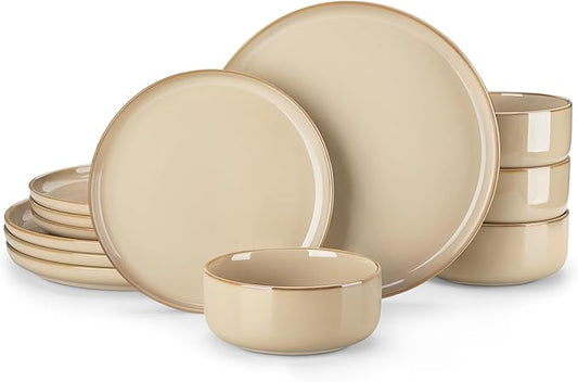 vancasso PLAYA Plates and Bowls Sets,12 Pieces Brown Dinnerware Sets for Kitchen, Reactive Glaze Dishes Set for 4, Dishwasher and Microwave Safe