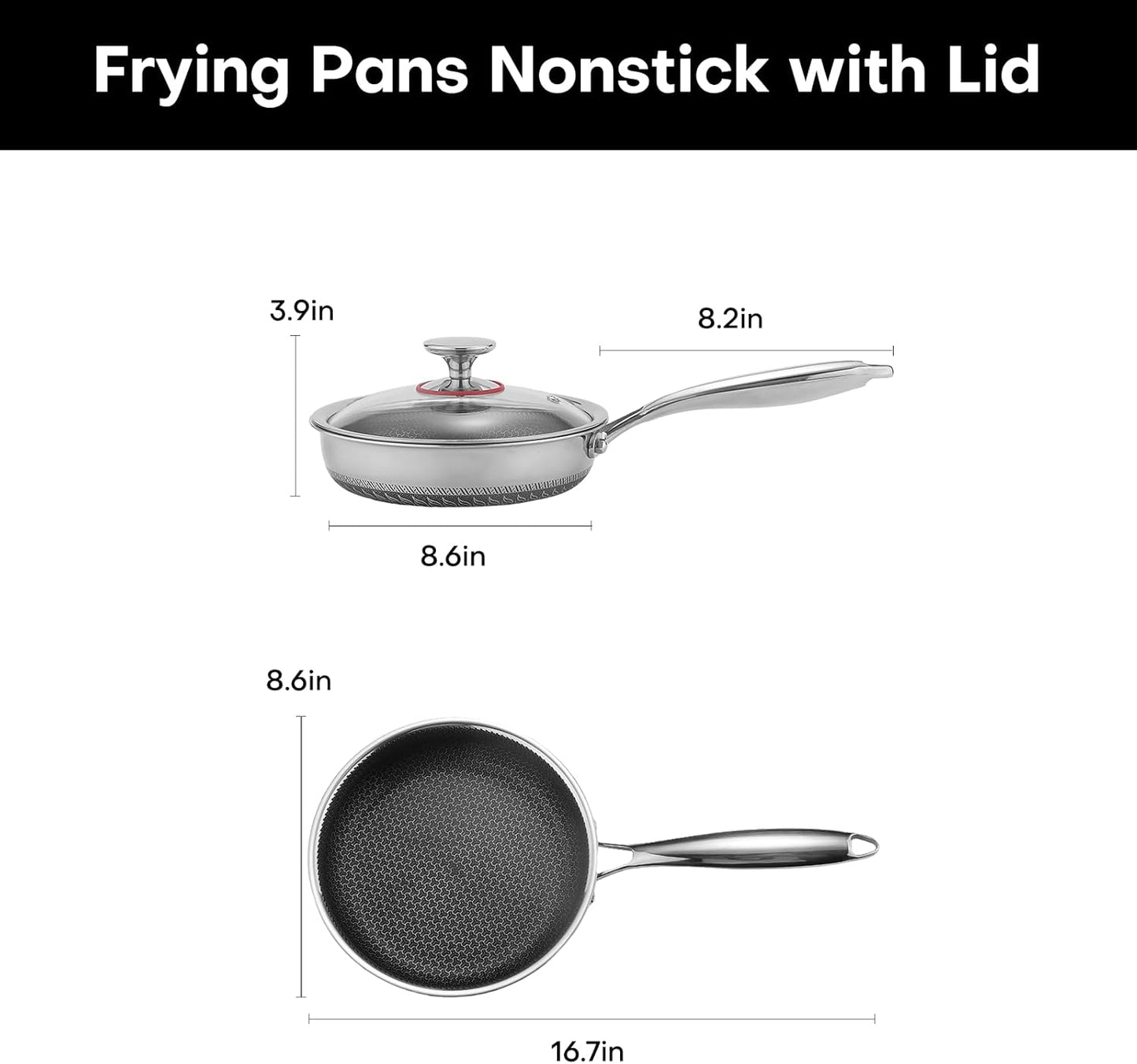 Lazycorner Non Stick Frying Pans Skillet with Lid, 8 Inch Stainless Steel Kitchen Cookware Pot, Non toxic Healthy Induction Compatible PFAS PTFE PFOA PFOS FreeCompatible PFAS PTFE PFOA PFOS Free