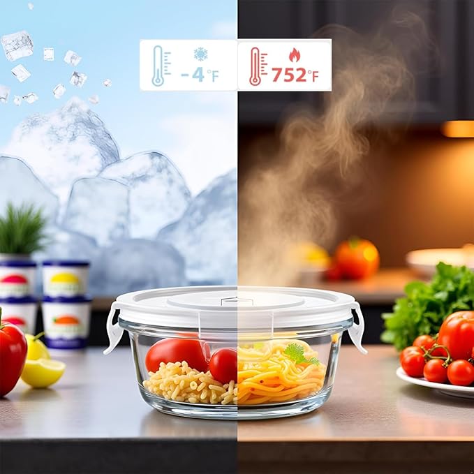 Small Round Glass Food Storage Containers With Lids, 1.5 Cup Round Meal Prep Bowls With Lids BPA-Free, Airtight Small Glass Food Containers for Microwave, Dishwasher, Freezer Safe-（4 pack）