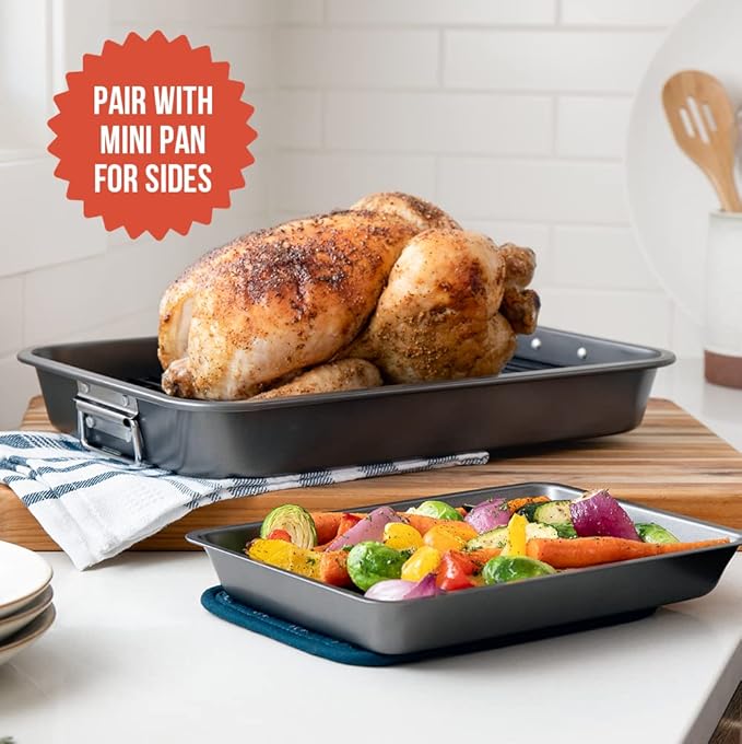 Chef Pomodoro Nonstick Carbon Steel Large Roasting Pan with Rack, Turkey Roasting Pans for Oven, Roaster Pan with Flat Rack, Turkey Pan for Oven, Bakeware Grey