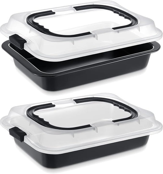 2 Pcs Cake Baking Pan with Lid and Handle, 9 x 13 Inch Non-stick Rectangle Sheet Cake Pan Carrier for Brownie Roasting Cooking Baking (Black Gray)