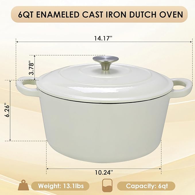 LIFERUN 6 Qt Enameled Cast Iron Dutch Oven Pot with Lid，Oven Safe up to 500° F, Heavy-Duty Non-Stick Dutch Oven with Dual Handles for Bread Baking, Fry Foods, Braising, Stews, Roasting (White)