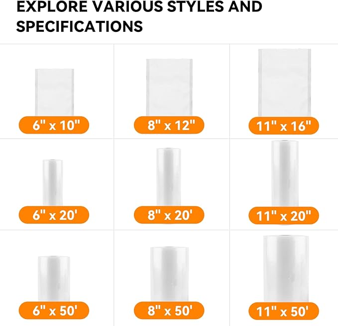 [2024 New] 8 Pack 6" x 20', 8" x 20' and 11" x 20', Vacuum Sealer Bags Rolls for Food, Great for Food Storage, Sous Vide and Meal Prep, Wevac Lite