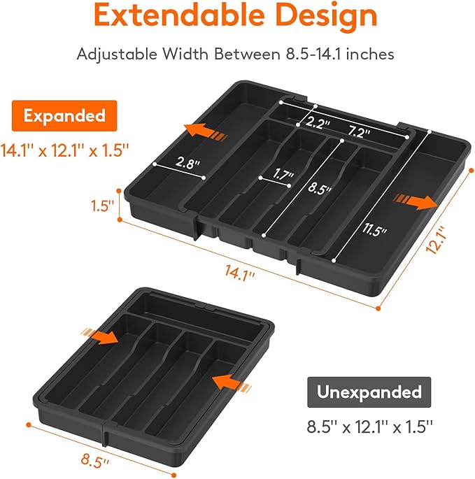 Lifewit Medium Silverware Drawer Organizer, Expandable Utensil Tray for Kitchen, BPA Free Flatware and Cutlery Holder, Adjustable Plastic Storage for Spoons Forks Knives, Black