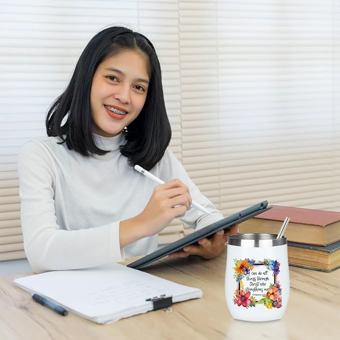 Inspirational Pray Christian Gifts for Women Wine Tumbler Insulated Wine Glasses 12 oz Tumbler with Lid Bible Verse Religious Gifts for Female Girls Mom Grandma Coworker Birthday Christmas Anniversary