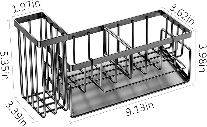 Sponge Holder & Sink Caddy Organizer - Rustproof Kitchen Sink Organizer with High Brush Holder - Kitchen Essentials Countertop Storage for Sponges, Scrubbers (Space Grey)