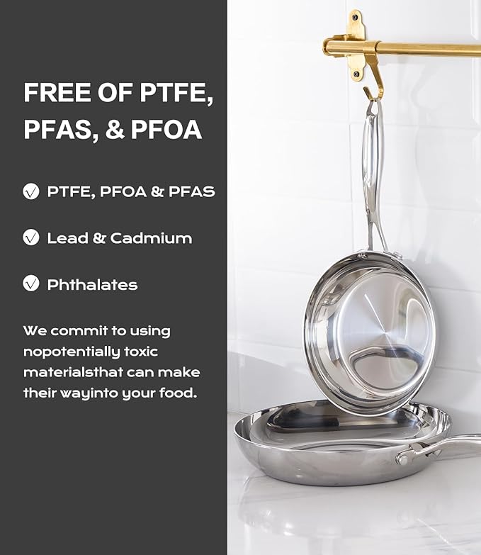 12 Inch Stainless Steel Frying Pan with Lid, 3-Ply Stainless Clad Skillets Fry Pan Fast & Even Heating, Oven Safe Up to 600℉ Dishwash Safe Compatible for All Cooktops Kitchen Cookware