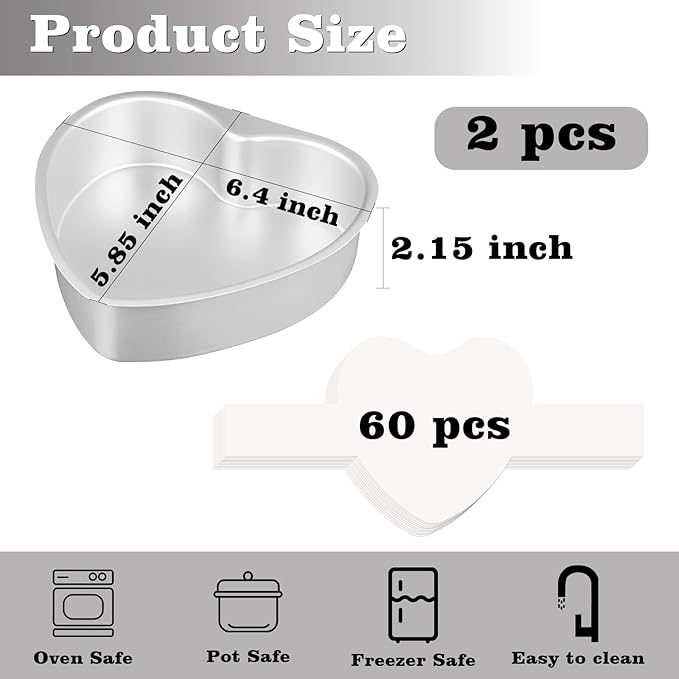 HUAKENER 6 Inch Heart Cake Pan, Set of 2 Heart Shaped Cake Pans with 60 Pieces Parchment Paper, Non-stick Cake Baking Pans for Kitchen Birthday Wedding